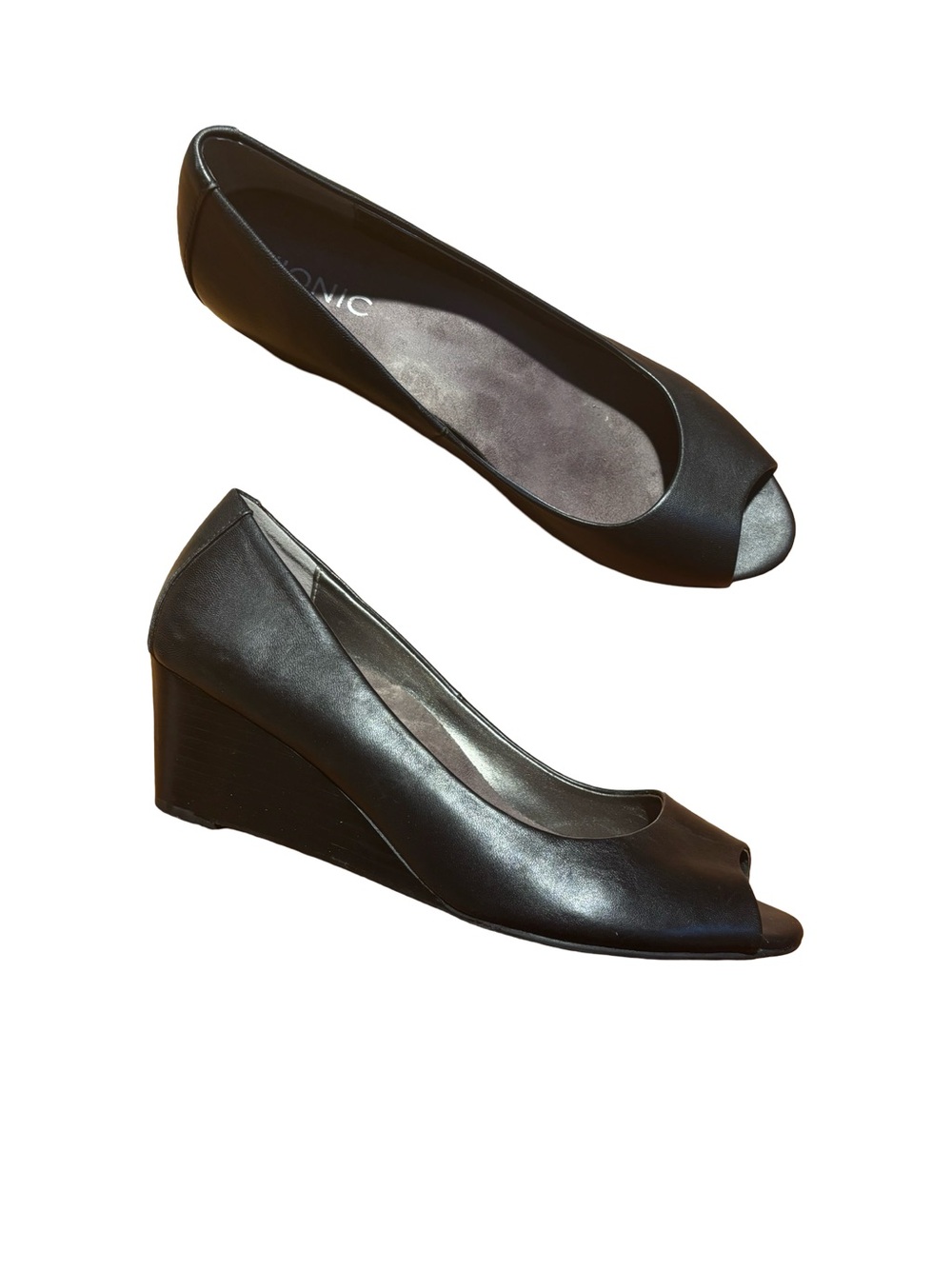 Vionic Black Peep Toe Leather Wedges - size 9